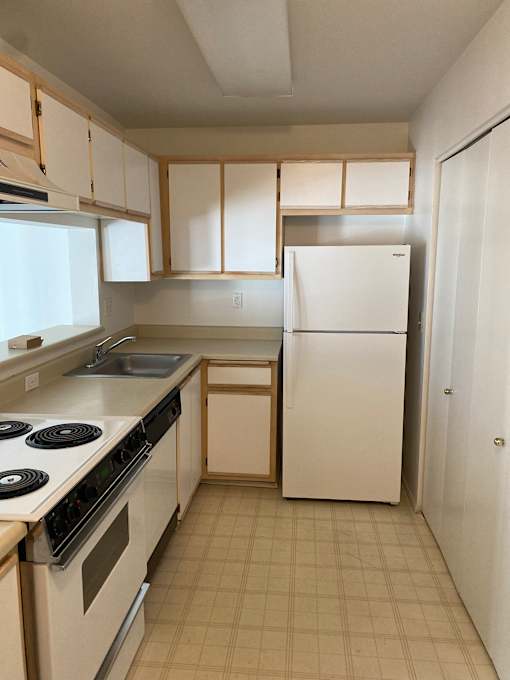 A kitchen with a stove, oven, and cabinets.