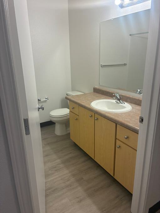 A bathroom with a toilet, sink and mirror.
