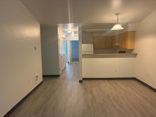 A long hallway with a kitchen area at the end.