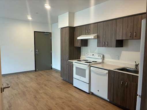 A kitchen with white appliances and wooden cabinets.