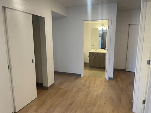 A room with a wooden floor and a white door.