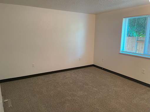 A room with a carpeted floor and a window with blinds.