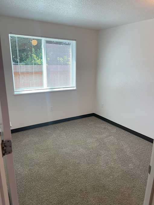A room with a carpeted floor and a window with blinds.