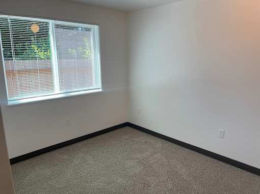 A room with a window and carpeted floor.