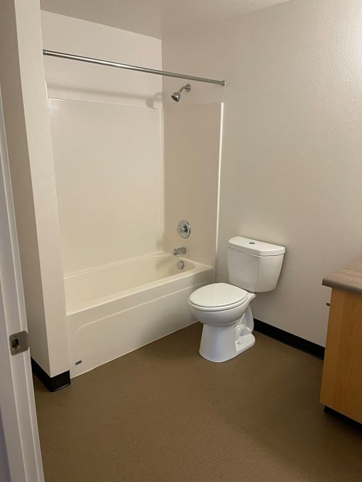 A white toilet is next to a bathtub in a small bathroom.