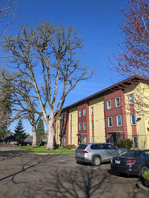 A parking lot with cars and a building in the background.