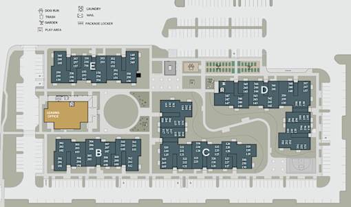 A map of a building with labeled sections such as "Garden", "Play Area", and "Leisure".