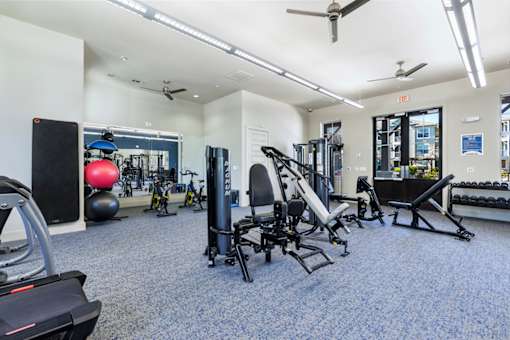 A gym with a variety of equipment including weights and cardio machines.