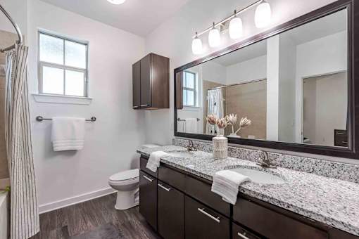 A bathroom with a toilet, sink, and mirror at 95twenty Apartments, Austin, Texas