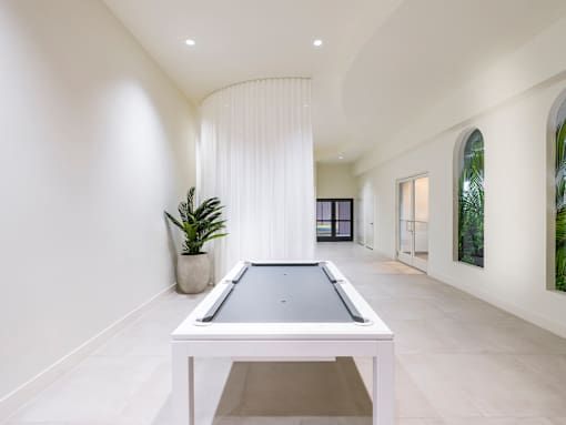 A pool table is in the middle of a room with a plant and a curtain.