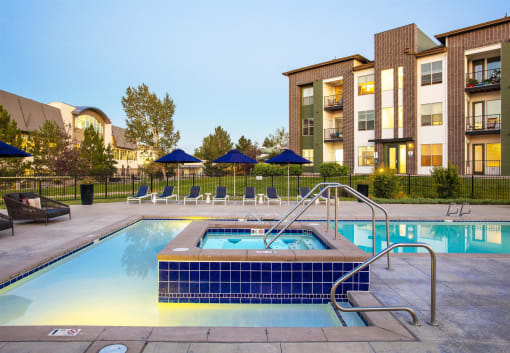 pool and spa at night at RockVue, Broomfield, 80021