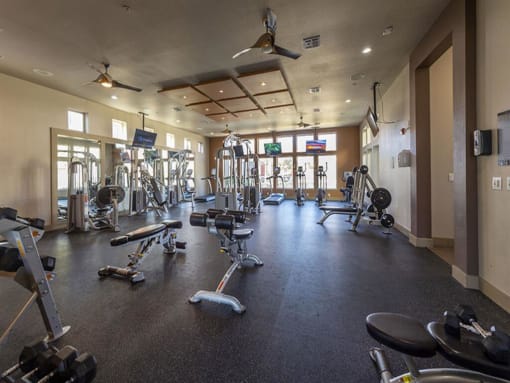 a large fitness room with weights and other exercise equipment