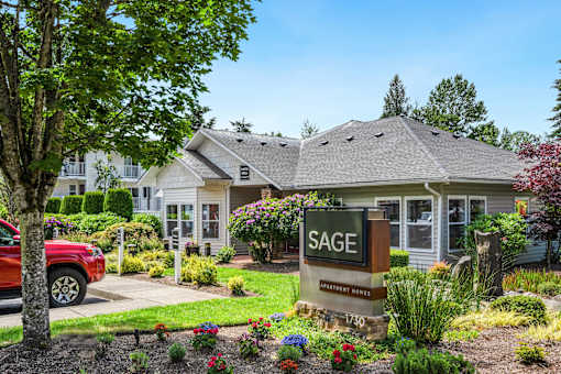 the sag building with a sign in front of it at Sage Apartments, Everett, WA
