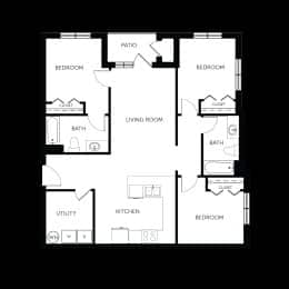 A black and white image of a house floor plan with a living room, two bedrooms, a bathroom, a patio, and a utility space.