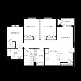 A black and white image of a house floor plan with a living room, kitchen, and three bedrooms.