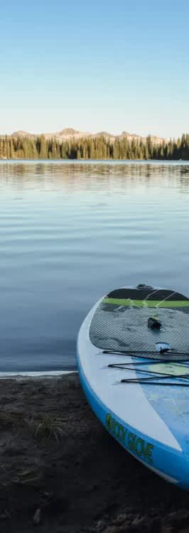 A blue and white surfboard with a black dot in the middle is leaning against a body of water.