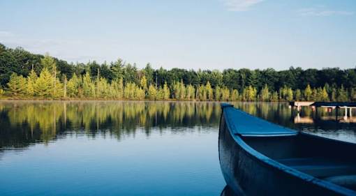 A boat sits on a calm lake with a forest in the background.