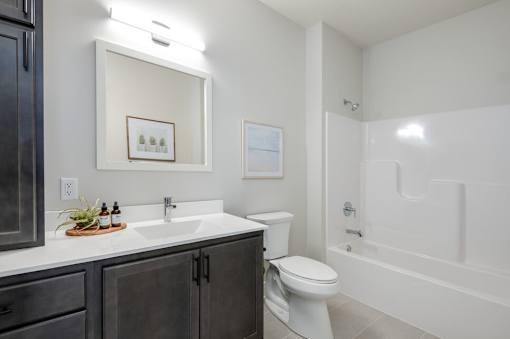 A bathroom with a white toilet, sink, and bathtub.