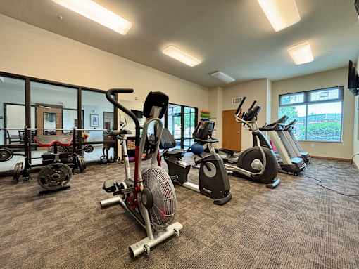 A gym with a variety of exercise equipment including treadmills, stationary bikes, and elliptical machines.
