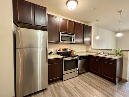 A modern kitchen with dark brown cabinets and stainless steel appliances.