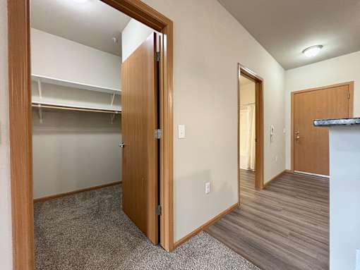 A room with a wooden door and a grey carpet.