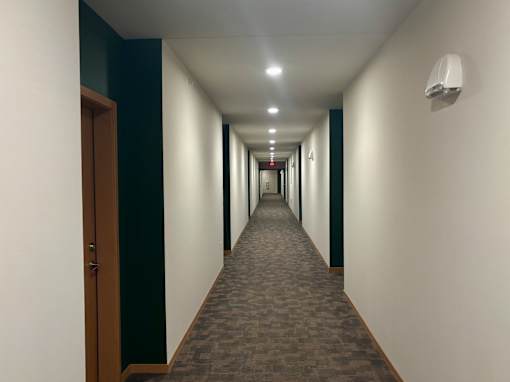 A long hallway with a carpeted floor and a door on the left.