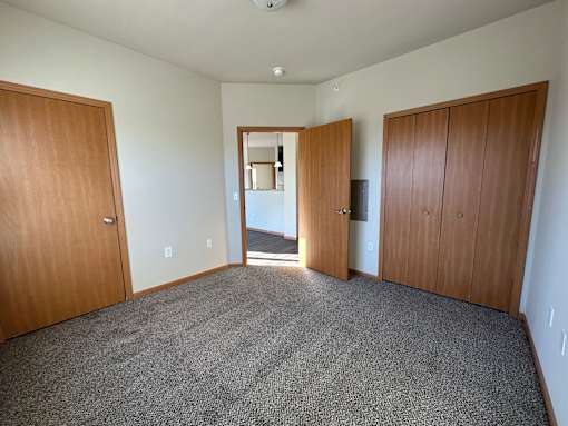 A room with a grey carpet and wooden doors.