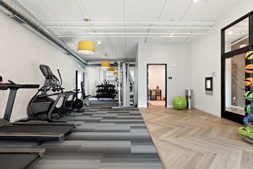 A gym with treadmills and exercise equipment.