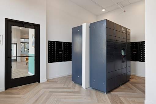 A room with a black cabinet and a mirror on the wall.