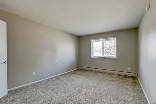 A room with a carpeted floor and a window.