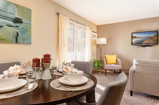 A dining table set with plates and glasses is in the foreground of a living room with a couch and television.