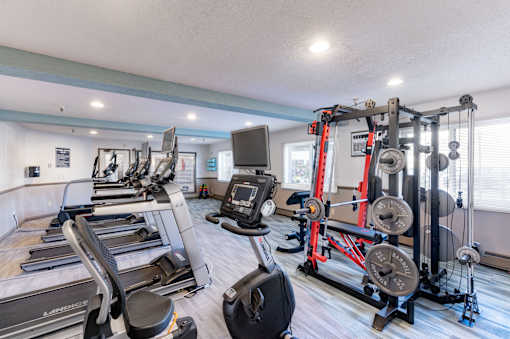 A gym with treadmills, elliptical machines, and weightlifting equipment.