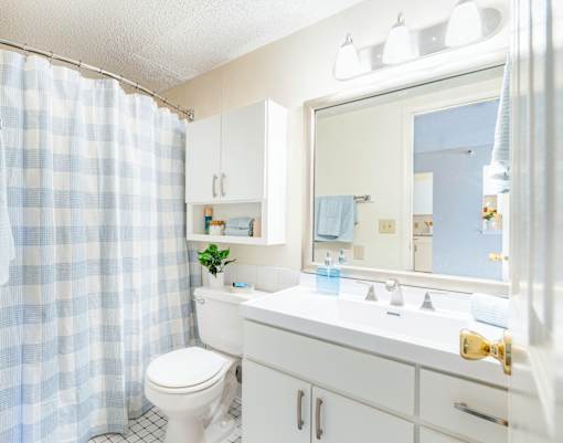 A bathroom with a white toilet, sink, and shower curtain.