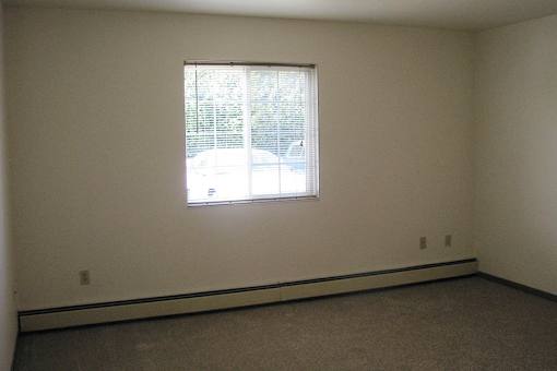 A room with a window and carpeted floor.