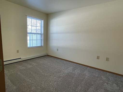 A room with a window and a carpeted floor.