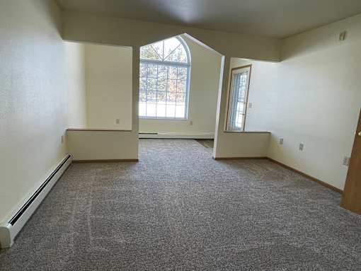 A room with a carpeted floor and a large window.