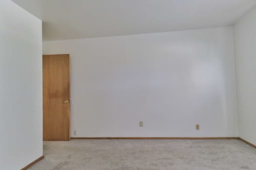 A room with a brown door and carpeted floor.