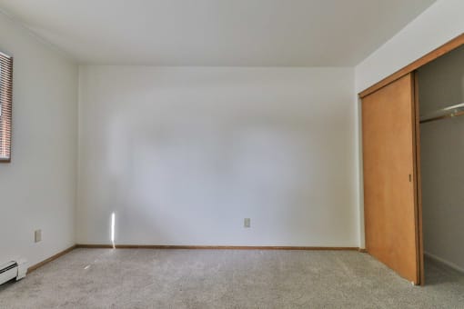 A room with a carpeted floor and a wooden door and large closets.