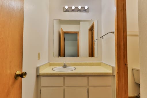 a bathroom  vanity with a sink and a mirror
