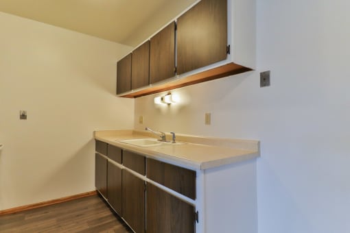 an empty kitchen with a sink and wooden cabinets