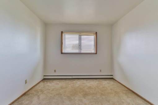 A room with a window and carpeted floor.