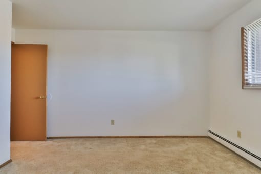 A room with a brown door and carpeted floor.
