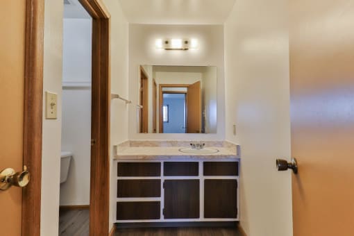 A bathroom with a sink and a mirror.