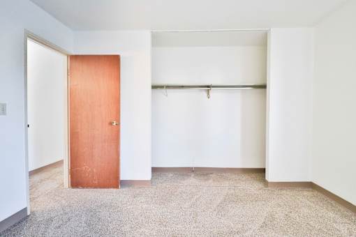 A room with a brown door and a carpet.