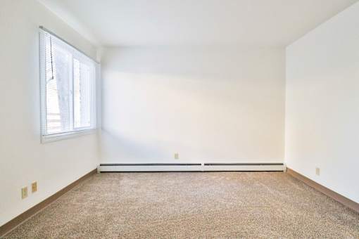 A room with a window and a carpeted floor.