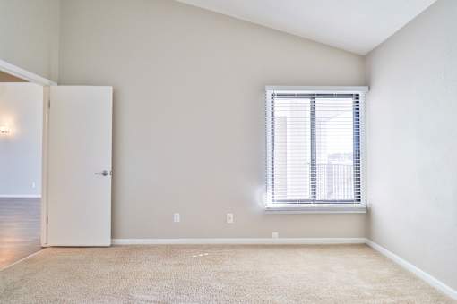 A room with a carpeted floor, a window with blinds, and a door.