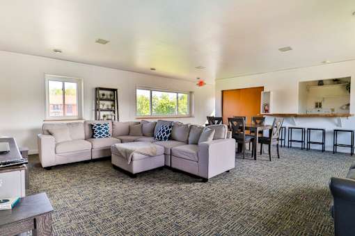 A living room with a grey carpet and a white couch.