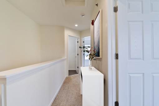 A hallway with a white door and a painting on the wall.