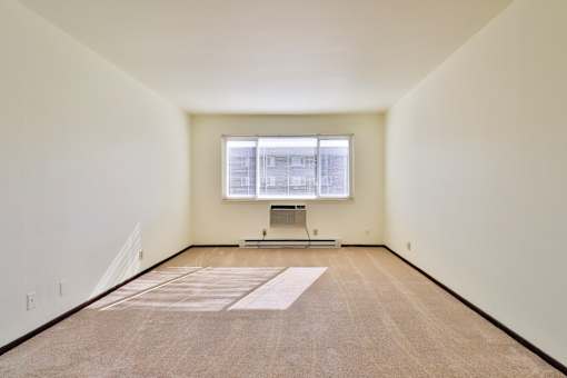 A room with a carpet and a window.