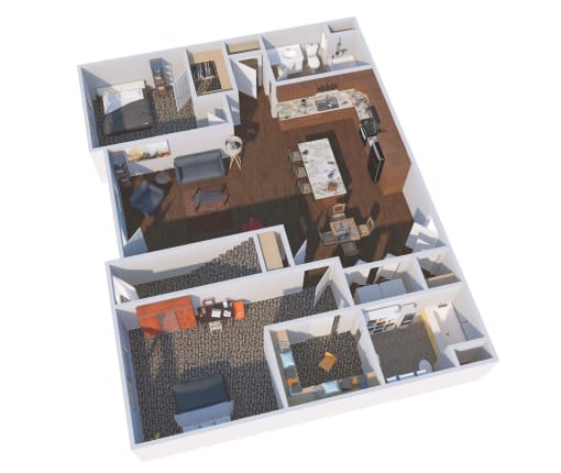 a 3d floor plan of a living room and dining room
